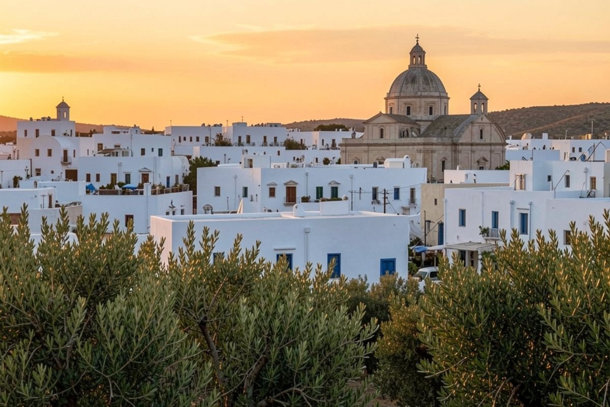 Scorcio panoramico del centro storico di Ostuni al tramonto, case bianche, cupola della Cattedrale e ulivi in primo piano